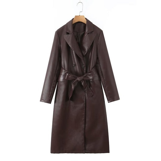 Damen Longline Imitatleder-Trenchcoat mit doppelreihiger Knopfleiste und Taillengürtel Nord Taschen