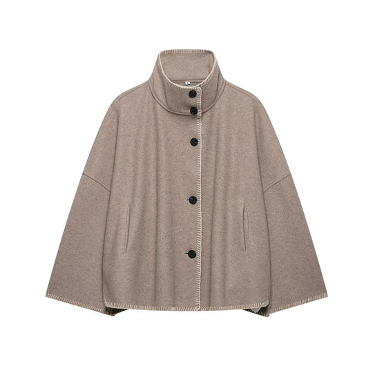 Damen Wollmix-Cape mit hohem Stehkragen, dekorativer Ziernaht und Knopfleiste Nord Taschen