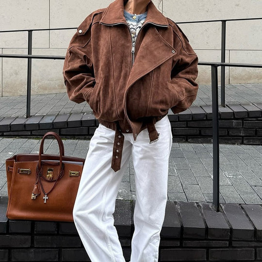 Damen Oversized Veloursleder-Blouson mit asymmetrischem Reißverschluss und Taillengürtel Nord Taschen