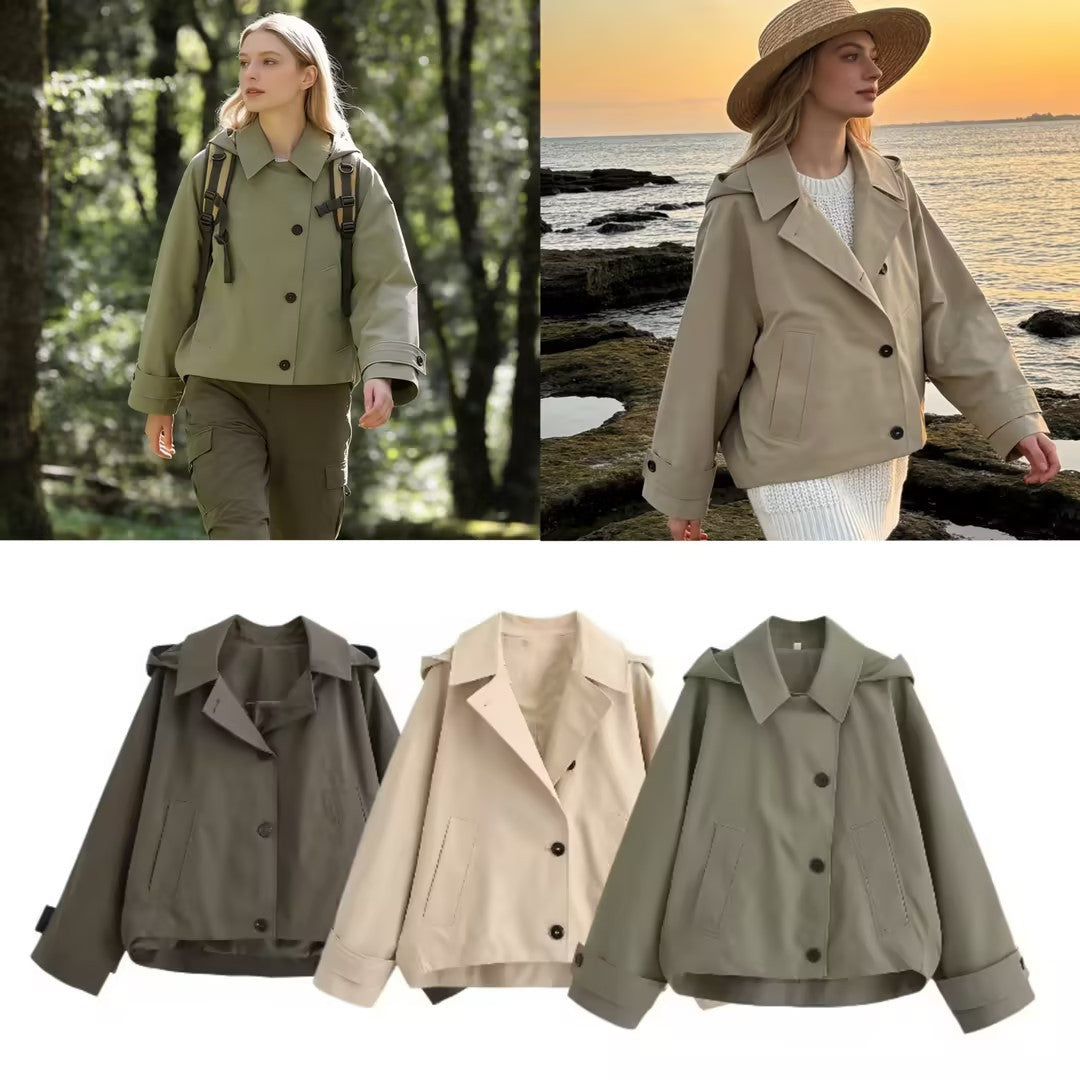 Damen Kurze Oversize-Trenchjacke mit Umlegekragen und Schulterklappen Nord Taschen