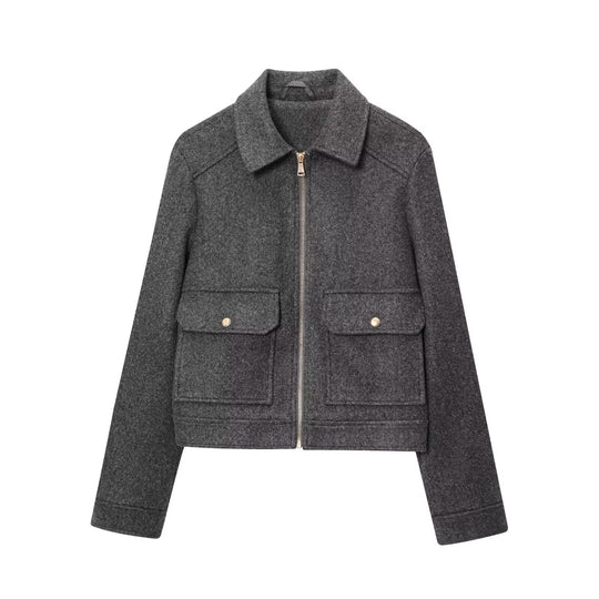Damen Kurze Wollimitat-Fieldjacke mit durchgehendem Reißverschluss und vier aufgesetzten Pattentaschen Nord Taschen