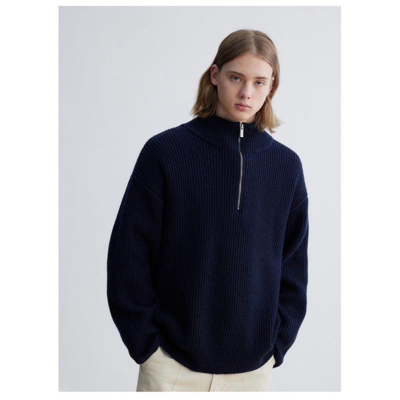 Herren Oversized-Rippenstrick Halbzip-Pullover mit Stehkragen Nord Taschen