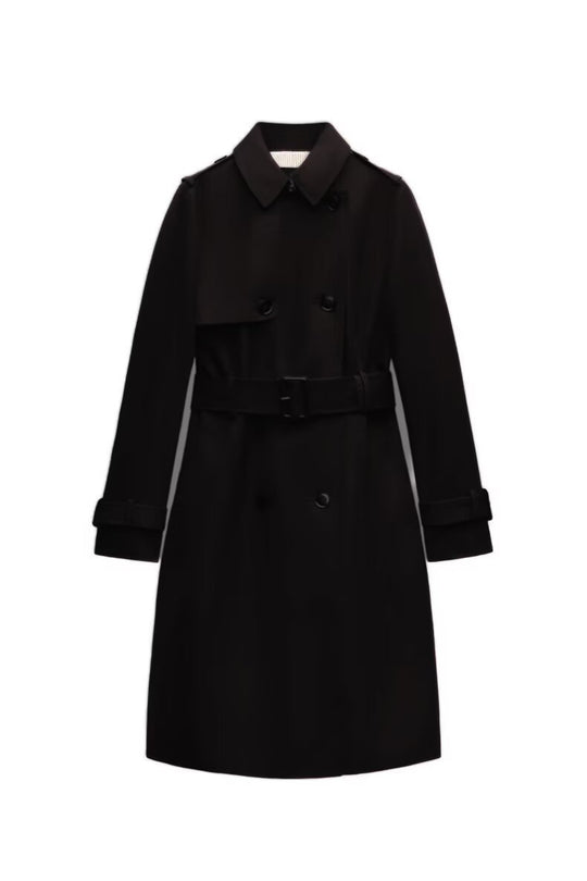 Damen Langer taillierter Trenchcoat mit doppelreihiger Knopfleiste, Taillengürtel und Ärmelriegel Nord Taschen