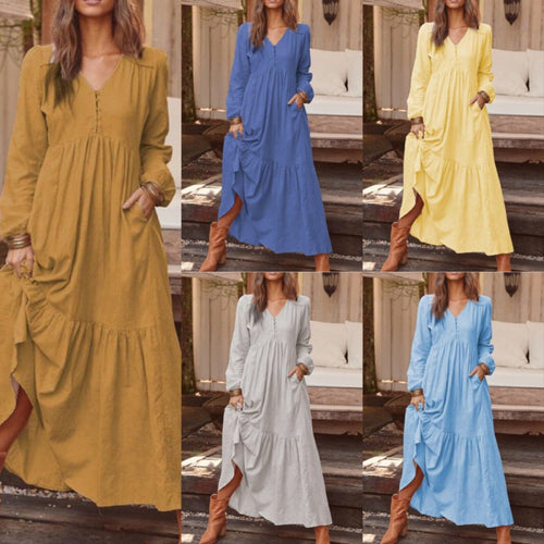 Damen Langes Stufenkleid aus Leinenmix mit V-Ausschnitt und Eingrifftaschen Nord Taschen