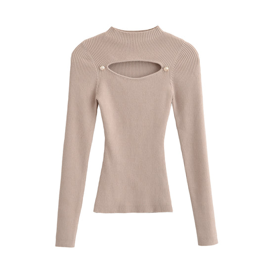 Damen Gerippter Stretch-Feinstrickpullover mit Brust-Cut-Out und Zierknöpfen Nord Taschen