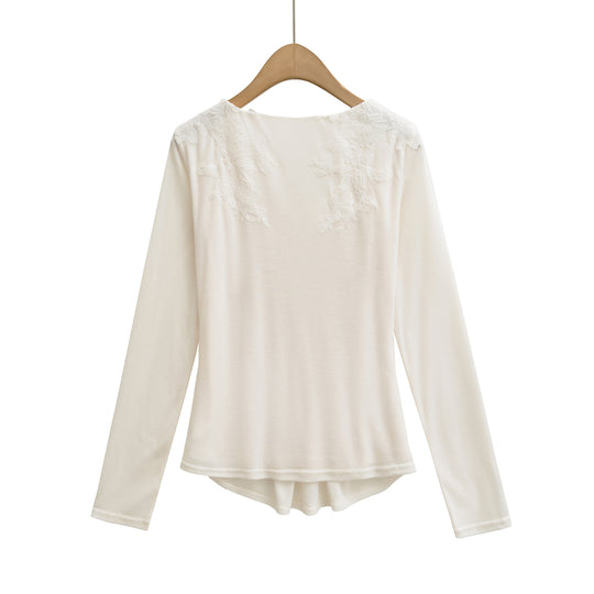 Damen Jersey-Top mit weitem Rundhalsausschnitt, Faltenfront und Spitzenbesatz Nord Taschen