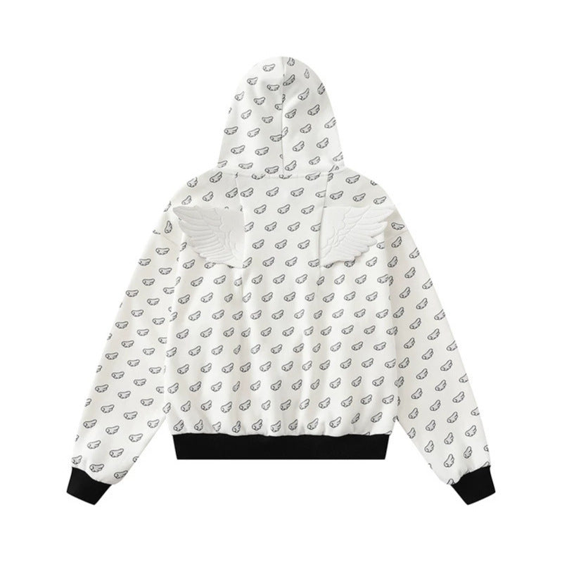 Damen Kapuzensweatjacke mit Allover‑Flügelmotiv, durchgehendem Reißverschluss und kontrastierenden Bündchen Nord Taschen