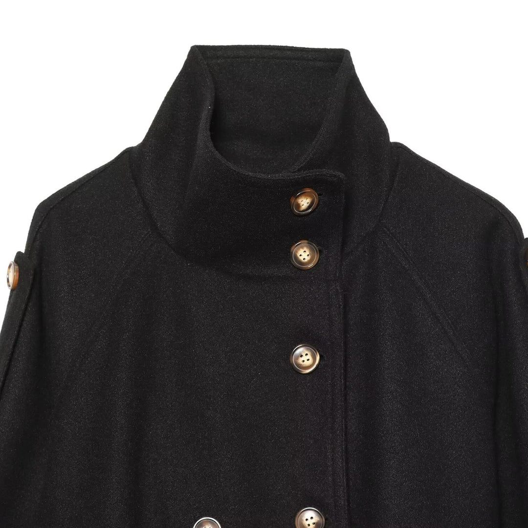 Damen Kurze doppelreihige Wollmix-Capejacke mit Stehkragen und Taillengürtel Nord Taschen
