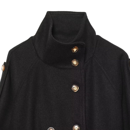 Damen Kurze doppelreihige Wollmix-Capejacke mit Stehkragen und Taillengürtel Nord Taschen