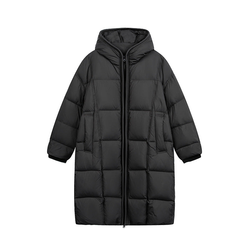 Damen Langer Steppmantel mit Kapuze, Oversize Thermoisolierung Nord Taschen
