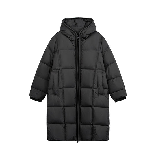 Damen Langer Steppmantel mit Kapuze, Oversize Thermoisolierung Nord Taschen