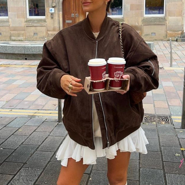 Damen Oversize-Suede-Bomberjacke mit Reißverschluss & gerippten Bündchen Nord Taschen