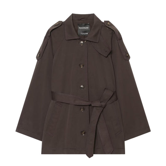 Damen Kurzer Trenchcape mit Taillengürtel, Epauletten und aufgesetzten Taschen Nord Taschen