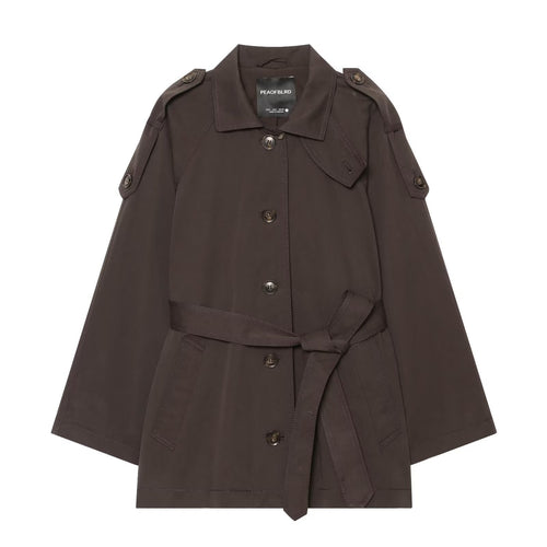 Damen Kurzer Trenchcape mit Taillengürtel, Epauletten und aufgesetzten Taschen Nord Taschen