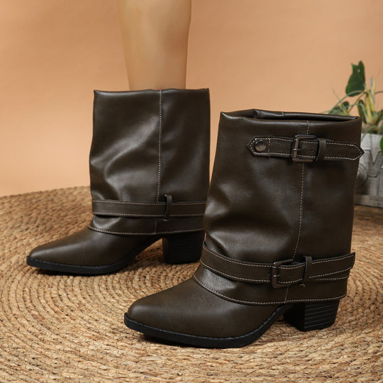 Damen halbhohe Stiefel mit dekorativen Schnallenriemen und Blockabsatz Nord Taschen