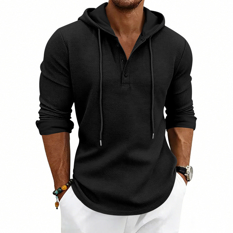 Herren Texturiertes Kapuzen-Langarmshirt mit Knopfleiste und Waffelstruktur Nord Taschen