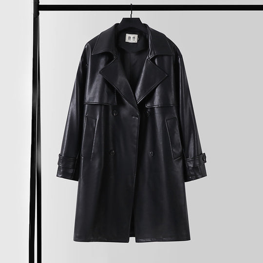 Herren Lederimitat-Trenchcoat mit Doppelreiher, Oversize-Schnitt und Manschettenriegel Nord Taschen