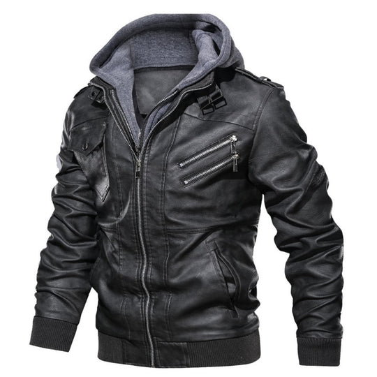Herren Urbaner Kapuzen-Lederjacke im Bikerstil mit Reißverschluss-Details und Rippbündchen Nord Taschen