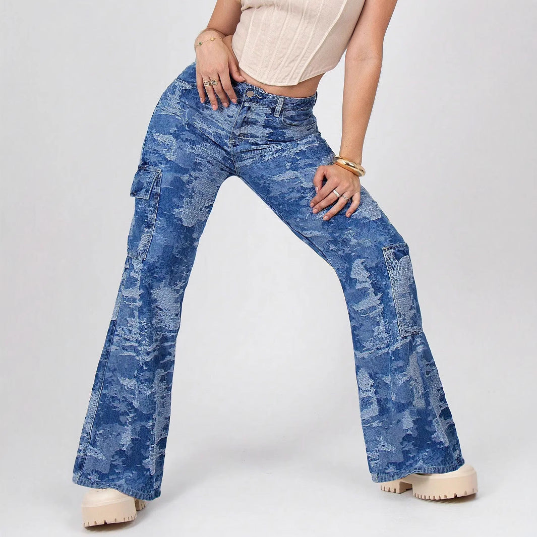 Damen Cargo-Flared-Jeans mit Camouflage-Waschung Nord Taschen