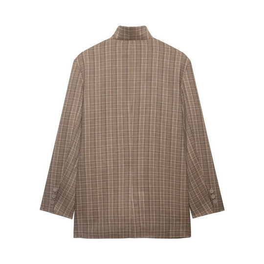 Damen Kurzblazer im Karo‑Muster mit Stehkragen, asymmetrischer Knopfleiste und Pattentaschen Nord Taschen
