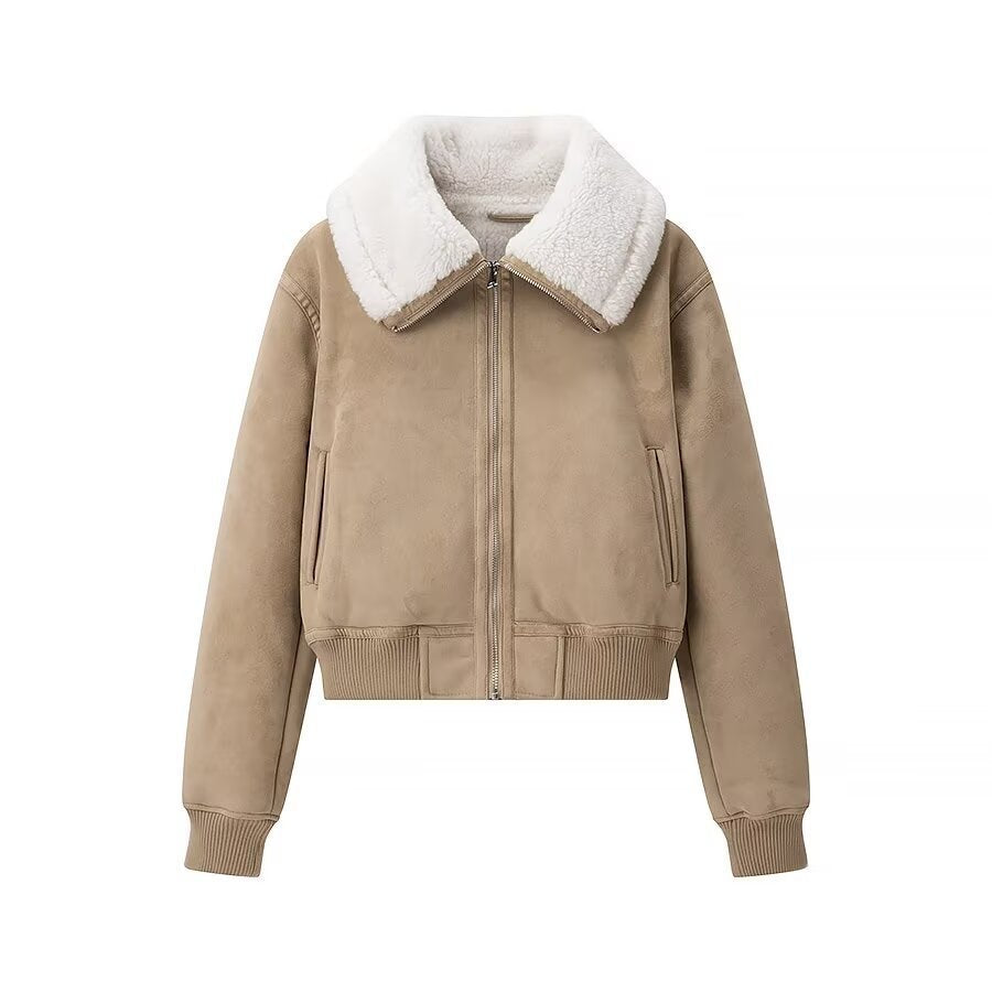 Damen Kurz geschnittene Bomberjacke mit Fake-Shearling-Kragen und Veloursoptik Nord Taschen