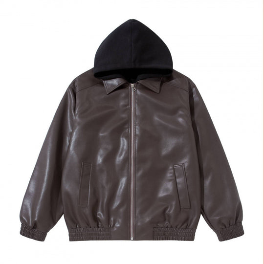 Unisex Oversize Kunstleder-Bomberjacke mit abgesetzter Kapuze, Reißverschluss und elastischem Saum Nord Taschen