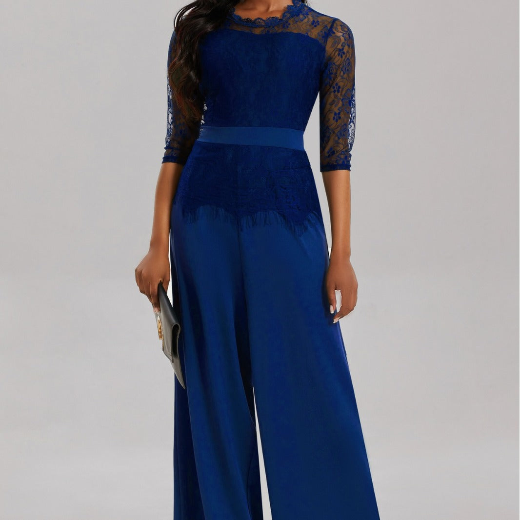 Eleganter Damen Jumpsuit mit Spitzenärmeln und Weitem Bein | Avellé