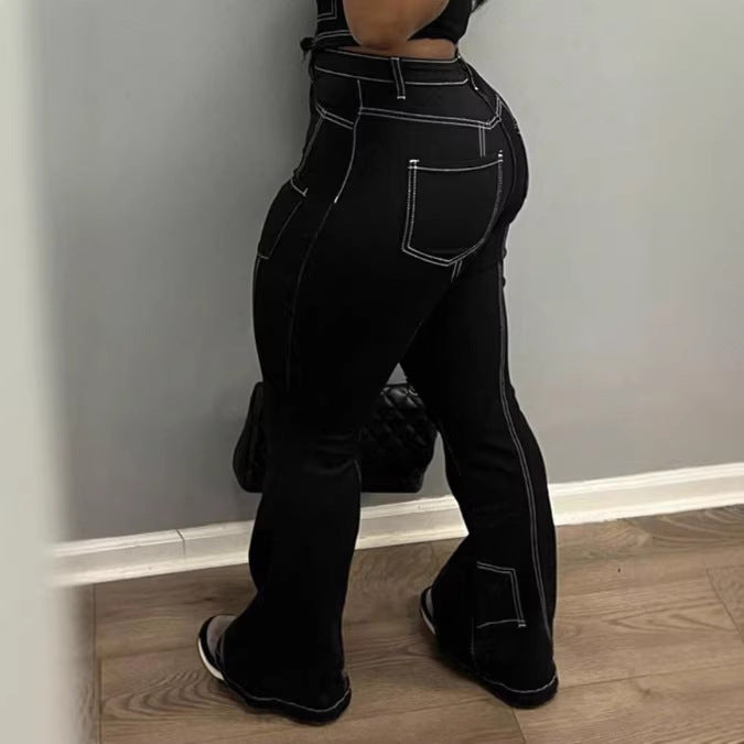 Damen High-Waist Flared-Jeans mit Kontrastnähten und Cargo‑Einsätzen Nord Taschen