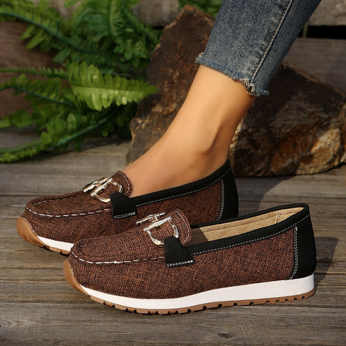 Damen  lässige Mokassin-Slipper mit dekorativer Metallschnalle, gepolsterter Innensohle und profilierter Gummilaufsohle Nord Taschen