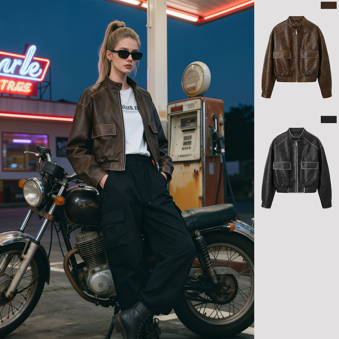 Herren Vintage-Leder-Bomberjacke mit Stehkragen, Pattentaschen und elastischem Bund Nord Taschen