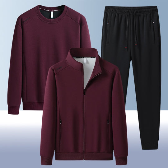 [Herren] Zweiteiliges Trainingsset mit Stehkragen-Zipjacke, Rundhals‑Sweatshirt und konisch geschnittener Jogginghose aus atmungsaktivem Fleece Nord Taschen