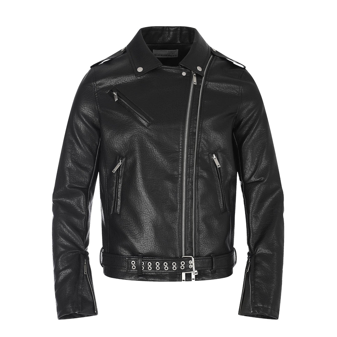 Herren Lederimitat-Bikerjacke mit asymmetrischem Reißverschluss und Ösengürtel Nord Taschen