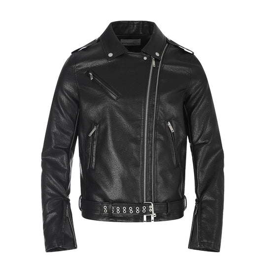 Herren Lederimitat-Bikerjacke mit asymmetrischem Reißverschluss und Ösengürtel Nord Taschen