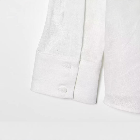 Damen Oversize Leinenbluse mit Spitzeneinsatz an Ärmeln und verdeckter Knopfleiste Nord Taschen