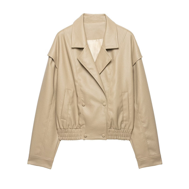 Damen Cropped Lederimitat-Blouson mit doppelreihiger Knopfleiste, weitem Revers und elastischem Saum Nord Taschen