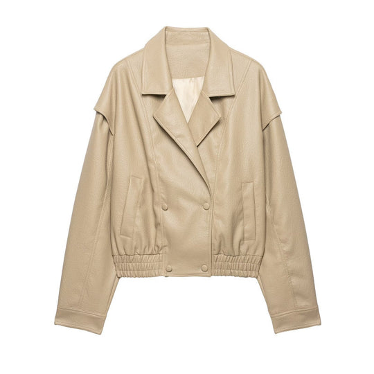 Damen Cropped Lederimitat-Blouson mit doppelreihiger Knopfleiste, weitem Revers und elastischem Saum Nord Taschen