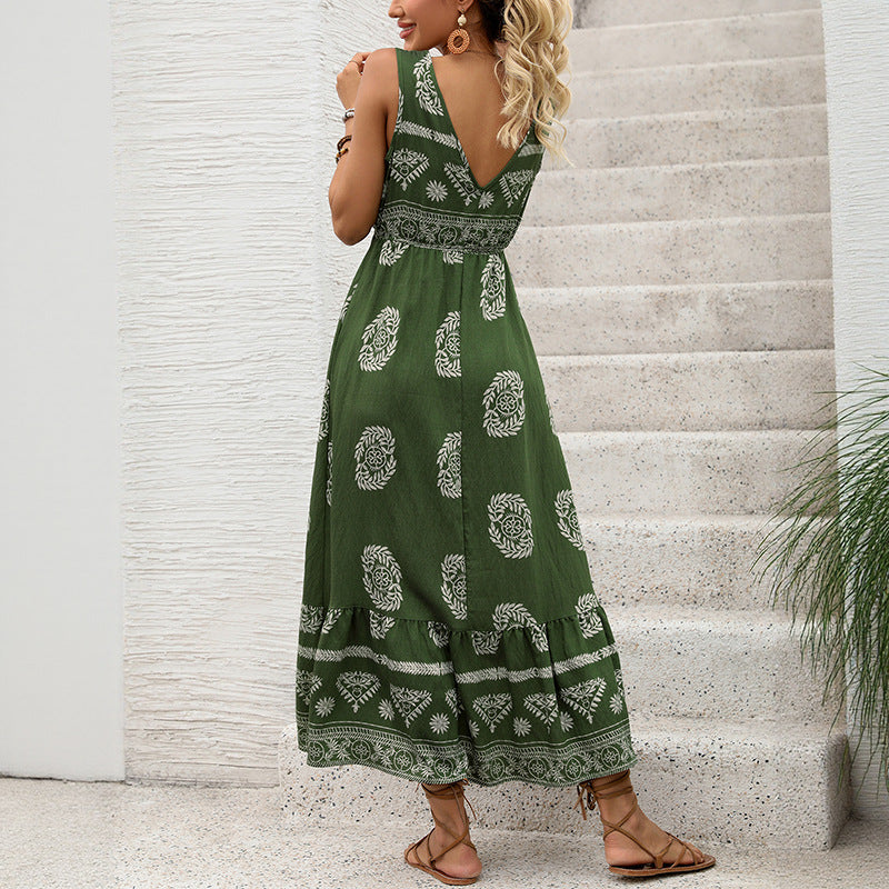 Damen Maxikleid mit V-Ausschnitt, tailliertem Bindegürtel und gestuftem Volant Saum Nord Taschen