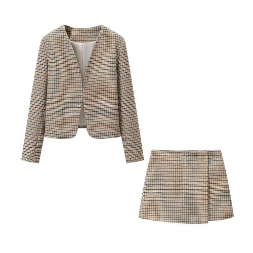 Damen Zweiteiliges Tweed-Ensemble mit kragenlosem Cropped-Blazer und A-Linien-Minirock Nord Taschen