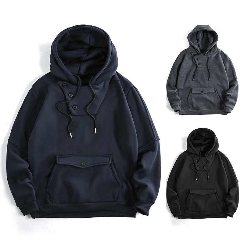Herren Oversize Baumwoll-Fleece Kapuzenpullover mit asymmetrischer Knopfleiste und aufgesetzter Kängurutasche Nord Taschen