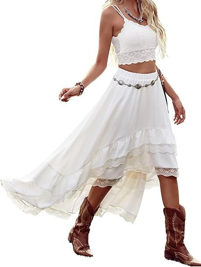 Damen Boho Maxi-Rock mit asymmetrischem Saum und Spitzenverzierungen