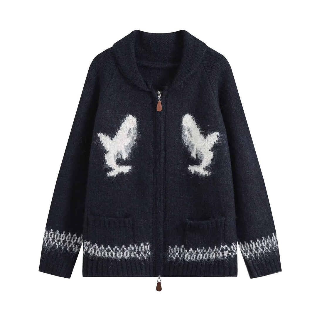 Damen Grobgestrickte Zip-Cardigan mit Schalkragen und Intarsienmotiv Nord Taschen