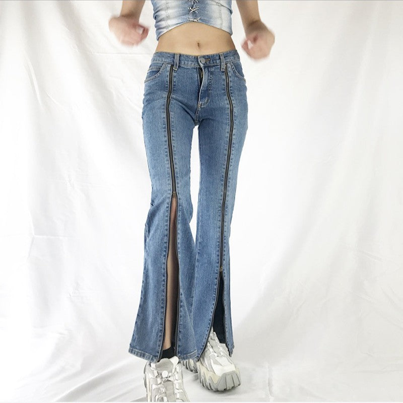 Damen Jeanshose mit durchgehenden Front-Reißverschlüssen, hoher vorderer Beinöffnung und ausgestelltem Schlag Nord Taschen