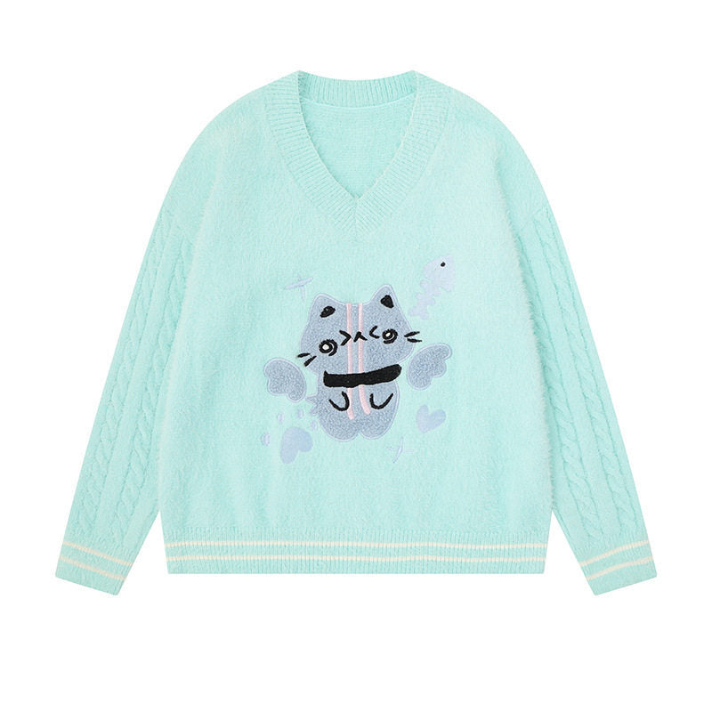 Damen V-Ausschnitt Strickpullover mit Zopfärmeln und Chenille-Katzenmotiv Nord Taschen