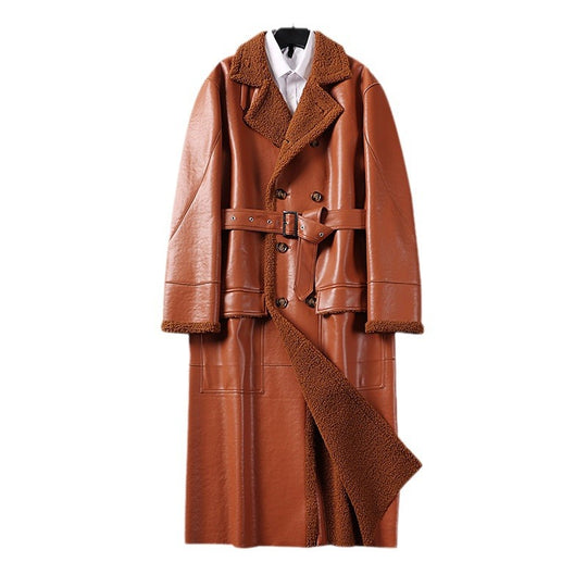 Herren Maxilanger Lederimitat-Mantel mit Teddyfutter, doppelreihiger Knopfleiste und Taillengürtel Nord Taschen