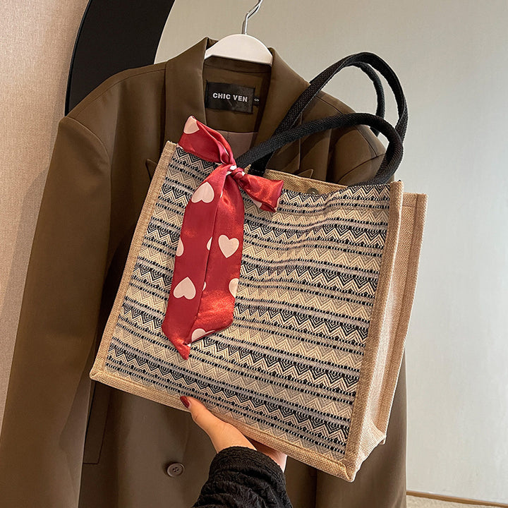 Damen Jute-Tasche mit buntem Muster und eleganter Schleife Nord Taschen