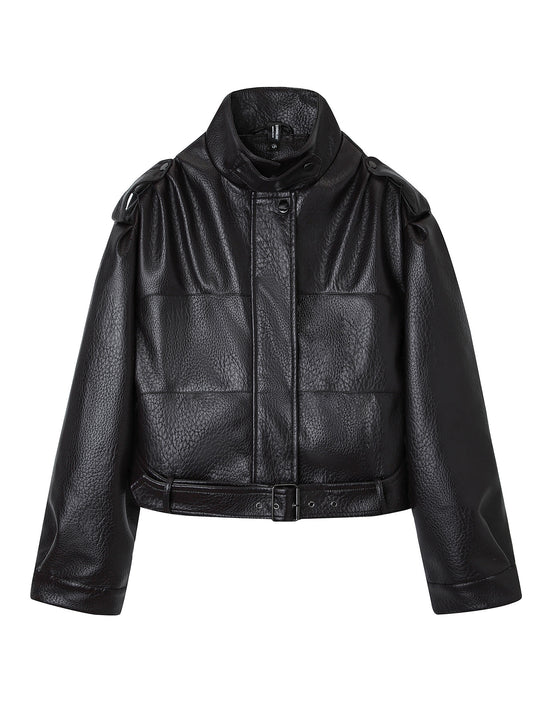 Damen Kurzjacke im Utility-Look aus strukturierter Kunstlederoptik mit hohem Stehkragen und verstellbarem Taillengürtel Nord Taschen
