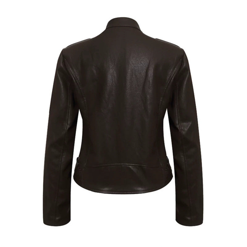 Damen Taillierte Lederoptik-Jacke mit Stehkragen, Schulterklappen und Taillengürtel Nord Taschen