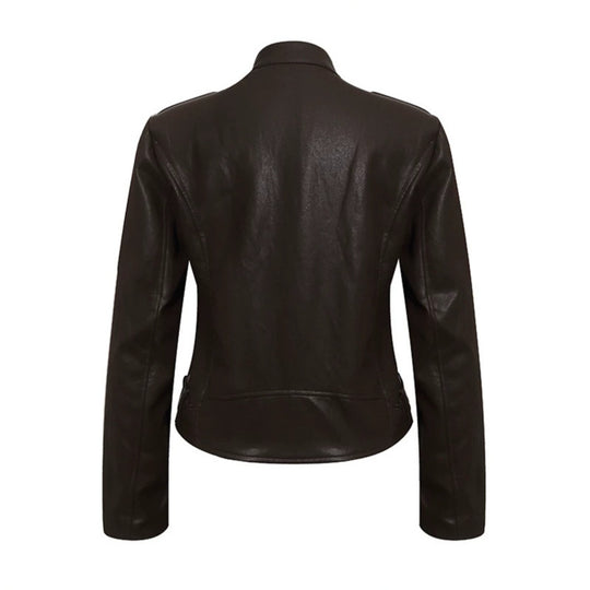 Damen Taillierte Lederoptik-Jacke mit Stehkragen, Schulterklappen und Taillengürtel Nord Taschen