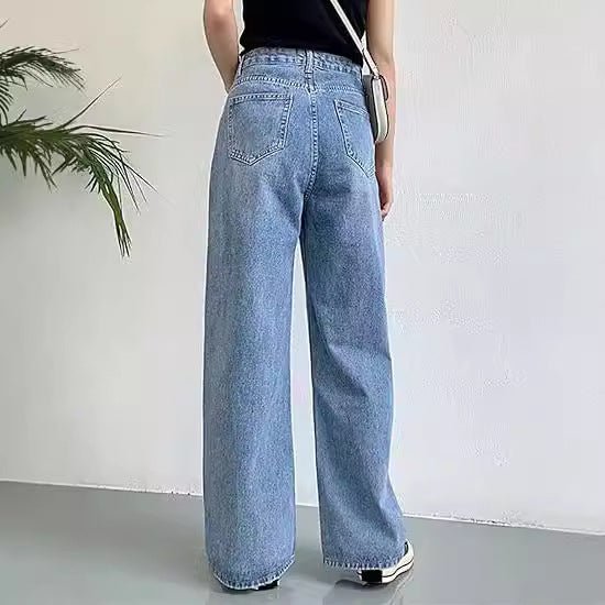 Damen hochgeschnittene weite Denim-Hose mit geradem Schlag und klassischem Five-Pocket-Design Nord Taschen