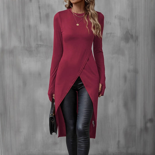 Damen Asymmetrische Langarm-Tunika mit Wickel-Saum Nord Taschen